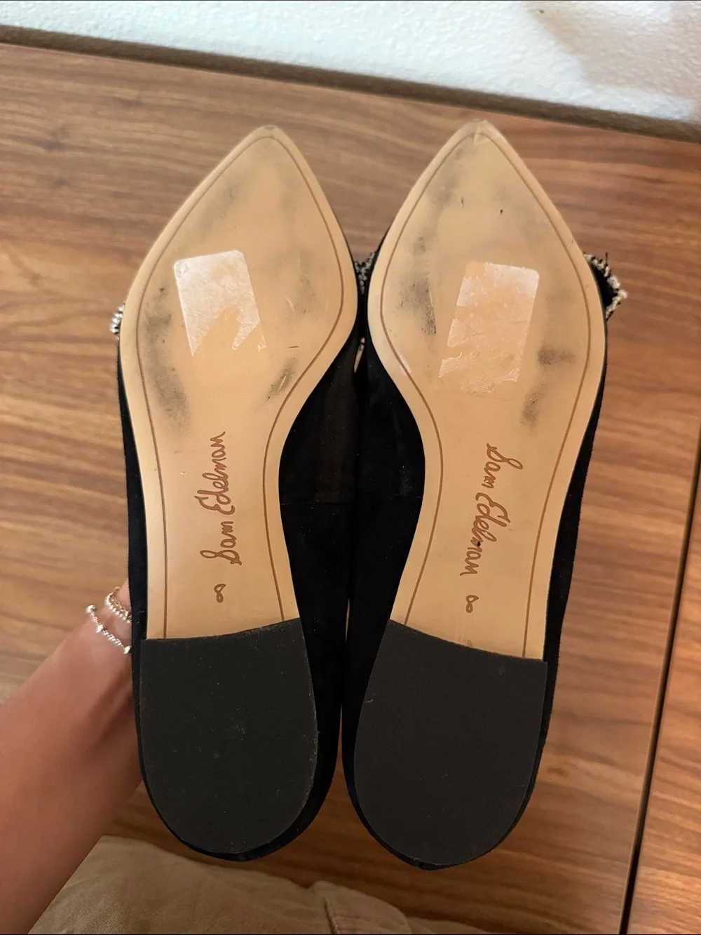 Sam Edelman Black Suede Pointed Toe Flats with Decorative Bow
